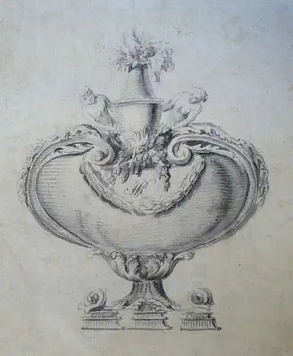 Deutscher Zeichner Mitte 18. Jahrhundert,, Prunkgefäß mit Vasenaufsatz. Lavierte Tuschfederzeichnung