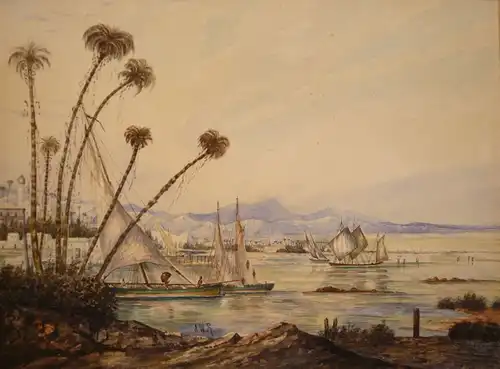 Englischer Künstler des 19. Jahrhunderts,, Felucken in Ägypten auf dem Nil (Assuan). Aquarell