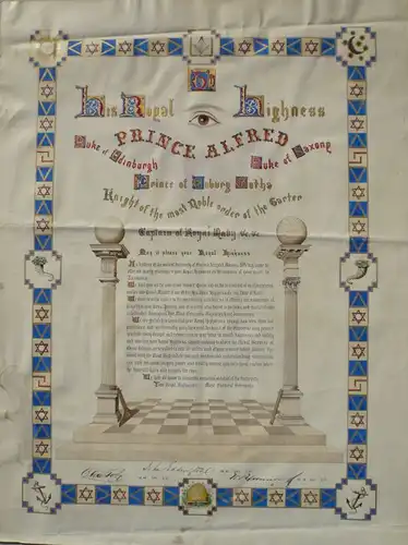 His Royal Highness Prince Alfred. Handgezeichnete Begrüßungsurkunde für Prinz Alfred von Sachsen-Coburg und Gotha (1844-1900), Sohn der britischen Königin Victoria, ausgestellt von der Freimaurerloge Tasmaniens...