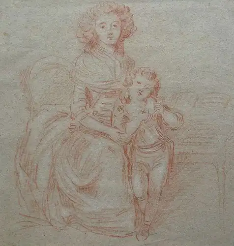 Geschwisterpaar an ein Möbel gelehnt. Rötelzeichnung mit Weißhöhungen auf gräulich getöntem Papier