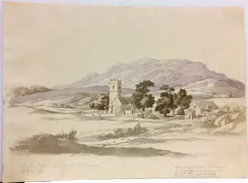 Englische Landschaftszeichnung,, Kirch St. Teilo in Llandeil im Hintergrund der Skyridd (Heiliger Berg). Tuschfeder, laviert und aquarelliert