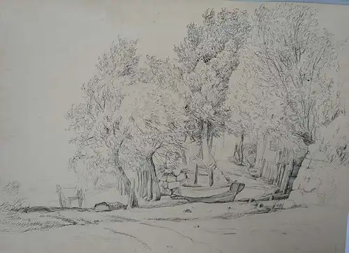 Zeichner des 19. Jahrhunderts,, Weg mit hohen Bäumen in Hamburg Blankeneses. Tusche, teillaviert