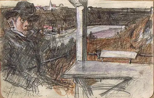 Hermannes, Carl Heinz (1874 Hamburg - 1955 München),, Eleganter Herr auf Aussichtsterrasse. Bleistift und Buntstift