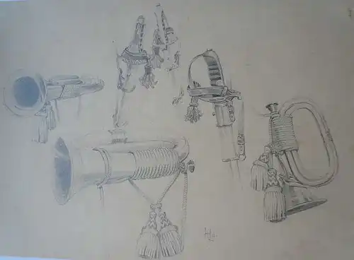 Horschelt, Theodor (1829 - München - 1871,, Studienblatt mit Hörnern und Säbelgriffe Bleistifzeichnung