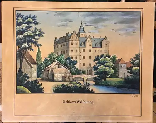 Hubert, Karl,, Schloss Wolfsburg. Aquarell, Tusche, Kreide und Deckweiss