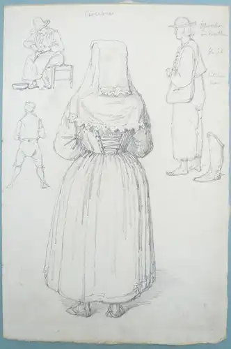 Wetterling, Alexander Clemens (1796 Uppland - 1858 Stockholm),, Wetterling, Alexander Clemens. Studienblatt zu Trachten und einem Mann bei seiner Arbeit (italinische Campagna und Kärnten). Bleistift