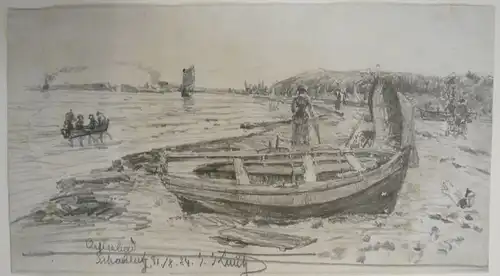 Knutz, Johann (1856 - Rinkenis - 1904),, Boote und Spaziergänger am Strand von Scharbeutz. Bleistift