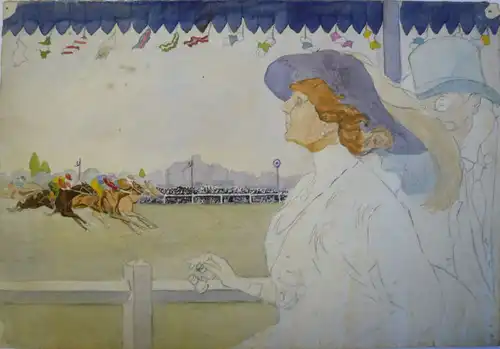 Künstler um 1900,, Auf der Tribüne beim Galopprennen. Bleistift und Aquarell