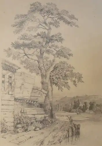 Landschaftszeichner des 19. Jahrhunderts,, Alte Eiche an einem südlichen See. Bleistift