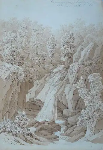 Landschaftszeichner Mitte 19. Jahrhundert,, Wasserkaskade im Gebirge Tuschpinsel in Braun über Bleistift, mit Weiß gehöht
