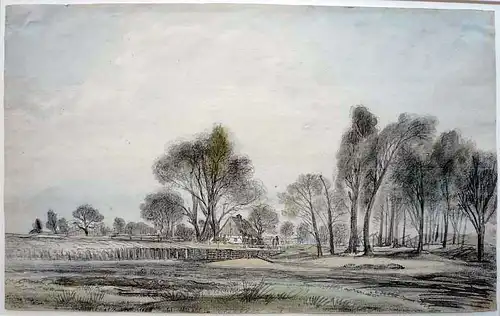 Landschaftszeichner um 1800,, Landschaftsstudie mit kleinem Gehöft. Schwarze Kreide und Tuschpinsel, aquarelliert