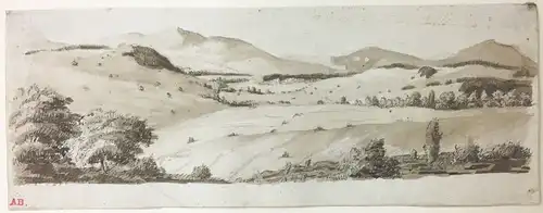 Landschaftszeichner um 1800,, Südliche Landschaft. Tuschfeder in Braun, laviert und mit weiss gehöht, über Spuren von Bleistift