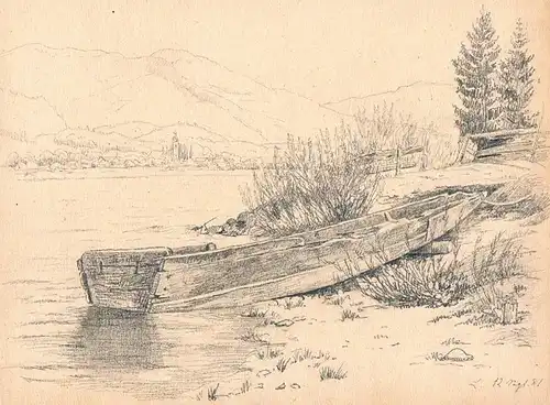 Lenggries - Flusslandschaft mit Ruderboot. Bleistiftzeichnung auf chamoisfarbenem Zeichenkarton,