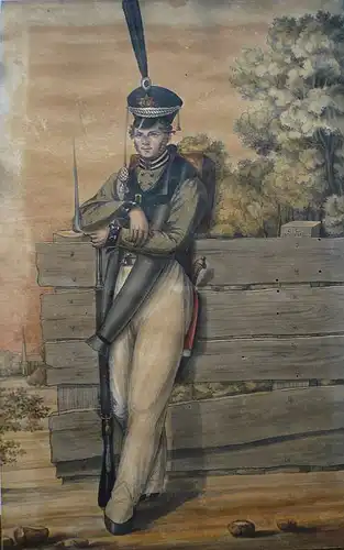 Monogrammist Anfang 19. Jahrhundert,, Soldat des Preußischen Garde-Regiments. Aquarell und Tusche