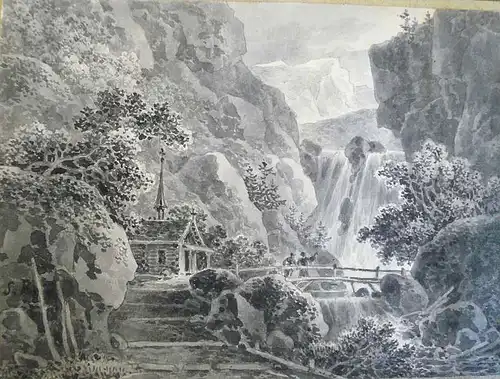 Monogrammist S. R.,, Wanderer auf einer Brücke vor einem Wasserfall im Gebirge. Lavierte Tuschpinselzeichnung