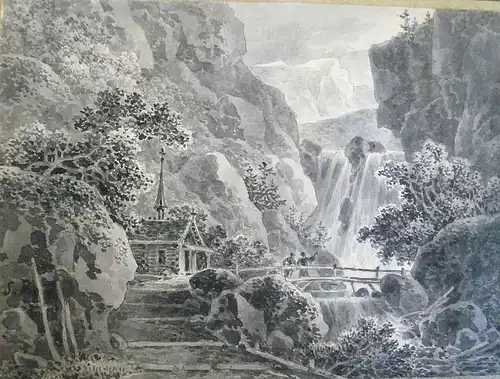 Rösel, Samuel (1768 Breslau -1843 Potsdam),, Wanderer auf einer Brücke vor einem Wasserfall im Gebirge. Lavierte Tuschpinselzeichnung