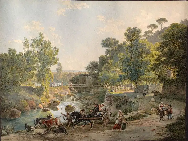 Müller, Karl Friedrich Johann von (1813 Stuttgart  - 1881 Frankfurt a.M.),, Flusslandschaft in Kampanien mit Pferdekutsche. Aquarell 0