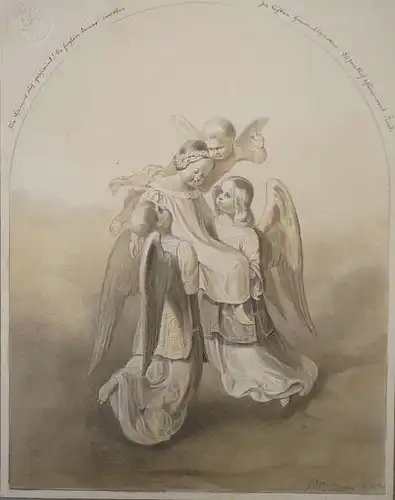 Nordmann, H. G.,, Engel tragen ein Kind in den Himmel. Blatt eines Prunk-Albums. Lavierte Kreidezeichnung auf Zeichenkarton von Bristol (mit dem Trockenstempel), auf OUnterlage montiert und mit weißem Tuschrand eingefasst