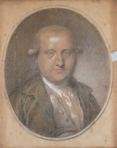 Portrait Johann Ernst Kroll. Farbige Kreidezeichnung mit Weißhöhungen, lose hinter marmorierter ovaler Papier-Einfassung
