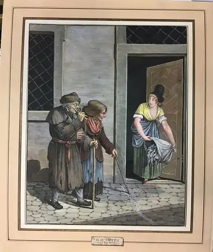 Opiz, Georg Emanuel (1775 Prag - 1841 Leipzig),, Ein jeder kehre vor seiner Tür. Gouache auf Papier, lose auf Unterlagekarton montiert und mit Schmuckrand eingefasst