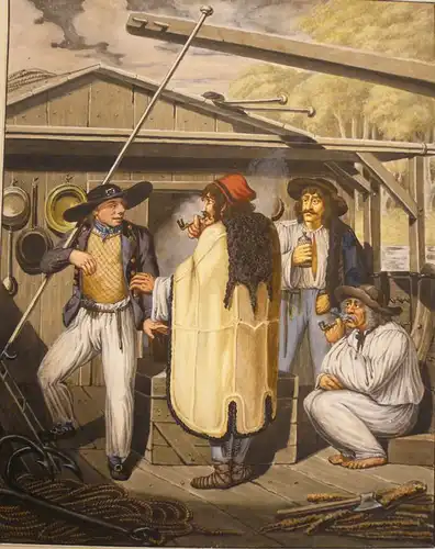 Opiz, Georg Emanuel (1775 Prag - 1841 Leipzig),, Matrosen und Fährkutscher auf einem Donauschiff. Aquarell