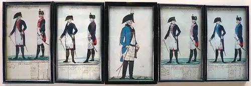 5 Blatt Preußische Uniformen mit Ganzfiguren. 17./18. Jahrhundert. Tuschfeder, Gouache und Deckweiß