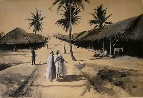 Rabes, Max Fried. Ferd. (1868 Samter/Posen -  1944 Wien),, Araberstrasse in Dar-es-Salaam in Tansania. Tuschpinsel, grau laviert und mit Weiß gehöht