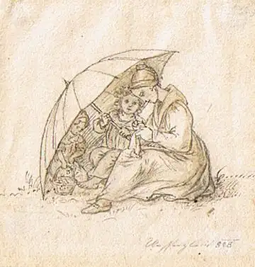 Richter, Anton (1781 Wien 1859),, Handarbeitende Mutter mit ihren Kindern hinter einem Sonnenschirm. Feder und Tuschpinsel