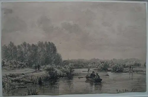 Riefesell, Johann Theobald (1836 - Hamburg - 1895),, Ruderboot auf der Alster. Bleistift und weiße Kreide