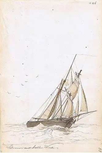 Scherzer, Alexander (1835 Hamburg - 1871 ebd.),, Schoner mit halbem Winde. Aquarell über Bleistift. 22,6 x 14,7 cm. Um 1862