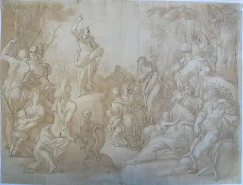 Schule von Fontainebleau,, Predigt Johannes des Täufers. Lavierte Tuschfederzeichnung in Braun