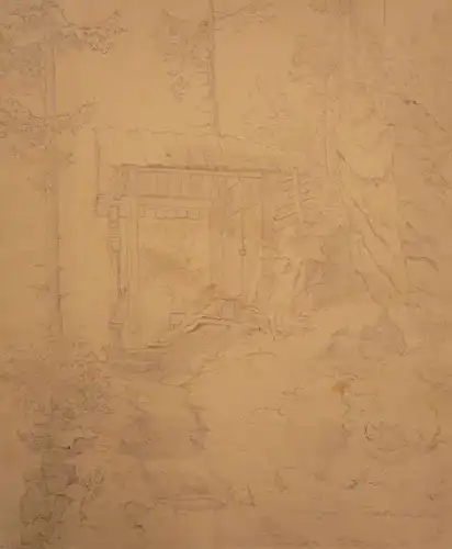 Frommel, Carl Ludwig (1789 Schloss Birkenfeld/Nahe - 1863 Ispringen b. Pforzheim),, Eingang zu einer kleinen Waldkapelle bei Zell (verm. Zell am Harmersbach/Schwarzwald). Bleistiftzeichnung