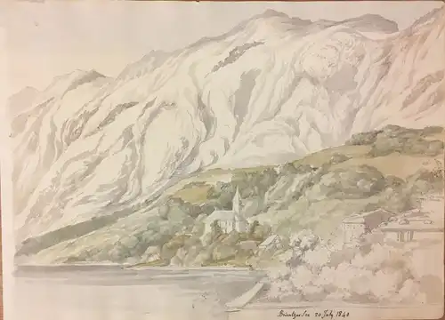 Aquarellist Anfang 1. Hälfte 19. Jahrhundert,, Brienzer See mit Blick auf die Evangelisch-Reformierte Kirche und das Brienzer Rothorn. Bleistift und Aquarell