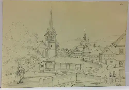 Französisch/Schweizer Zeichner Anfang 19. Jh.,, Gais mit reformierter Kirche und Sägerei. Bleistift