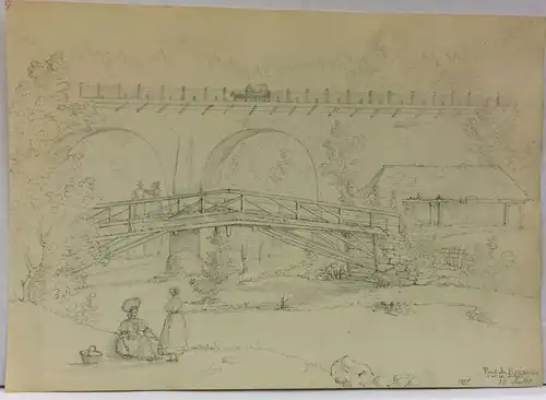 Französisch/Schweizer Zeichner Anfang 19. Jh.,, Holzbrücke und Viadukt im Appenzell. Bleistift