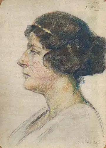 Souchay, Erich (1877 Berlin),, Portrait einer Dame im Profil. Bleistift und Buntstift