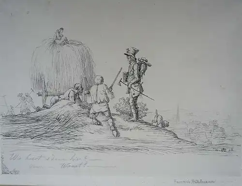 Stuhlmann, Heinrich (1803 - Hamburg - 1886),, Karikatur mit Wanderer und Bauern. Tuschpinsel- und feder in Braun