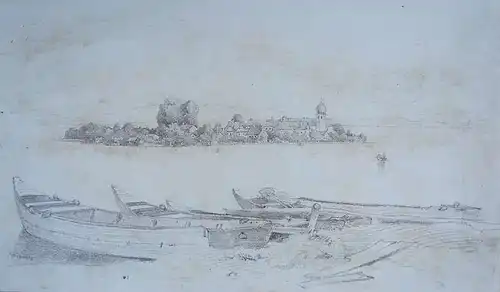Süddeutscher Zeichner 19. Jahrhundert,, Blick auf Frauenchiemsee. Bleistift