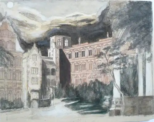 Süddeutscher Zeichner 19. Jahrhundert,, Der Innere Hof des Heidelberger Schlosses bei Mondschein. Aquarell und Tusche über Bleistift, weiß gehöht
