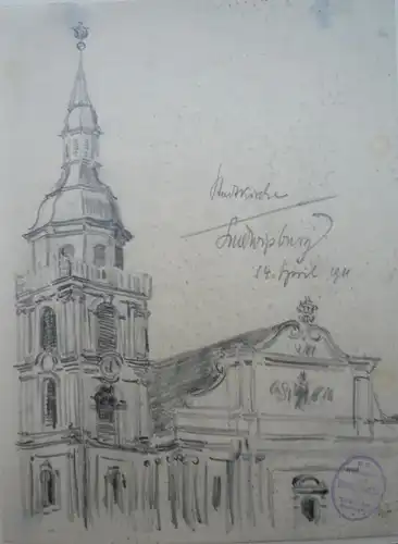 Süddeutscher Zeichner Anfang 20.  Jahrhundert,, Akademiestudie der Stadtkirche Ludwigsburg. Bleistift