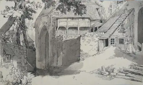 Süddeutscher Zeichner des 19. Jahrhunderts,, Blick in den Hinterhof am Ortrand einer süddeutschen Stadt. Lavierte Tuschfederzeichnung