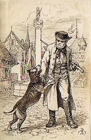 Thumann, Paul (1834 Teschacksdorf - 1908 Berlin),, Der Wanderer im Dorf. Tuschfederzeichnung