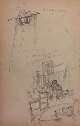 Österreichischer Zeichner - Ende 19. Jahrhundert,, Studienblatt mit einer Gasthausszene in München und Ansichten von Weidhofen. Bleistift