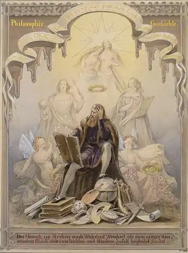 Wagener, J.,, Allegorie der Philosophie und Geschichte. Blatt eines Prunk-Albums. Aquarell und Gouache mit goldfarbener Schrift auf Karton, auf OUnterlage montiert und mit weißem Tuschrand eingefasst