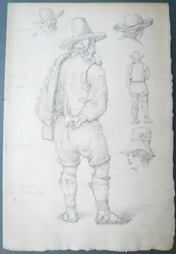 Wetterling, Alexander Clemens (1796 Uppland - 1858 Stockholm),, Ein Mann in Ciociaria Tracht im Halbprofil von hinten gesehen und Detailstudien. Bleistift