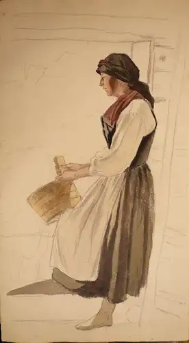 Wilberg, Martin Ludwig (1853 Havelberg -  1912 Potsdam)  - zugeschrieben,, Bäuerin mit Holztrog auf einer Alm. Aquarell über Bleistift