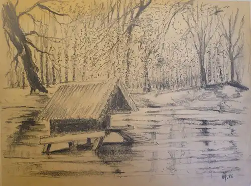 Zeichner des 19. Jahrhunderts,, Futterstelle am Rand eines Birkenwaldes. Bleistift