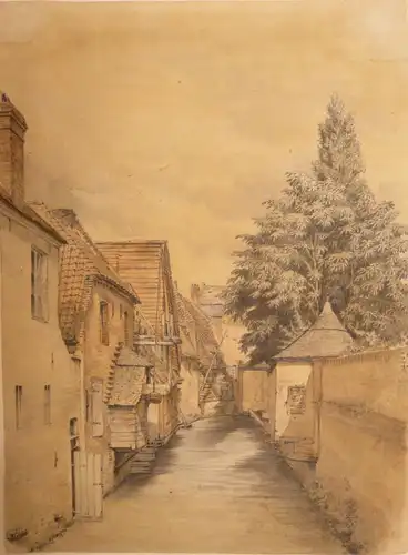 Zeichner des 19. Jahrhunderts,, Häuser an einem Wasserlauf. Bleistift und Aquarell