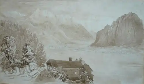 Zeichner des 19. Jahrhunderts,, Inntal Panorama. Tusche in Braun laviert über Bleistift