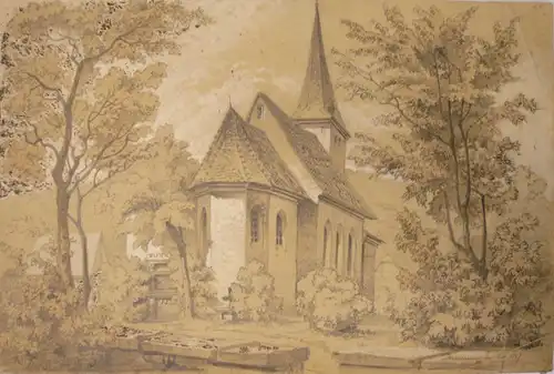 Zeichner des 19. Jahrhunderts,, St. Burkhard Kirche und Friedhof in Messelhausen. Bleistift mit Weiß gehöht
